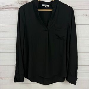RO & DE Black Long‎ Sleeve V-Neck Pocket Sheer Blouse Top Career Size S